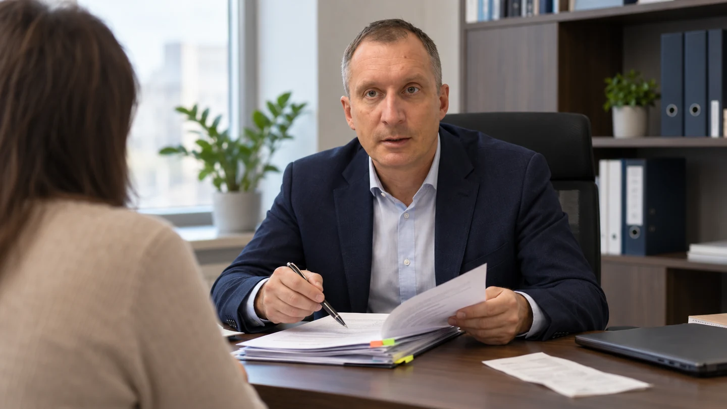 Константин Тер-Акопов разбирает договор с клиентом; иллюстративная сцена