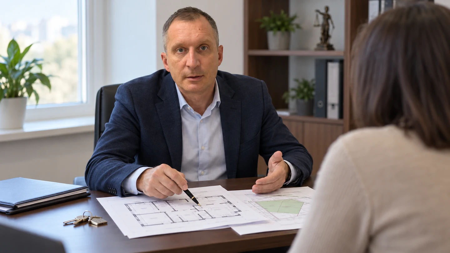 Константин Тер-Акопов обсуждает с клиентом план квартиры и документы на недвижимость; иллюстративная сцена